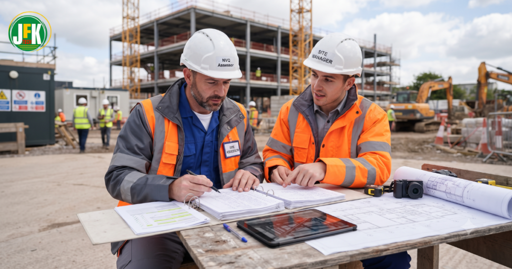 Construction assessor reviewing workplace evidence for NVQ Level 6 assessment