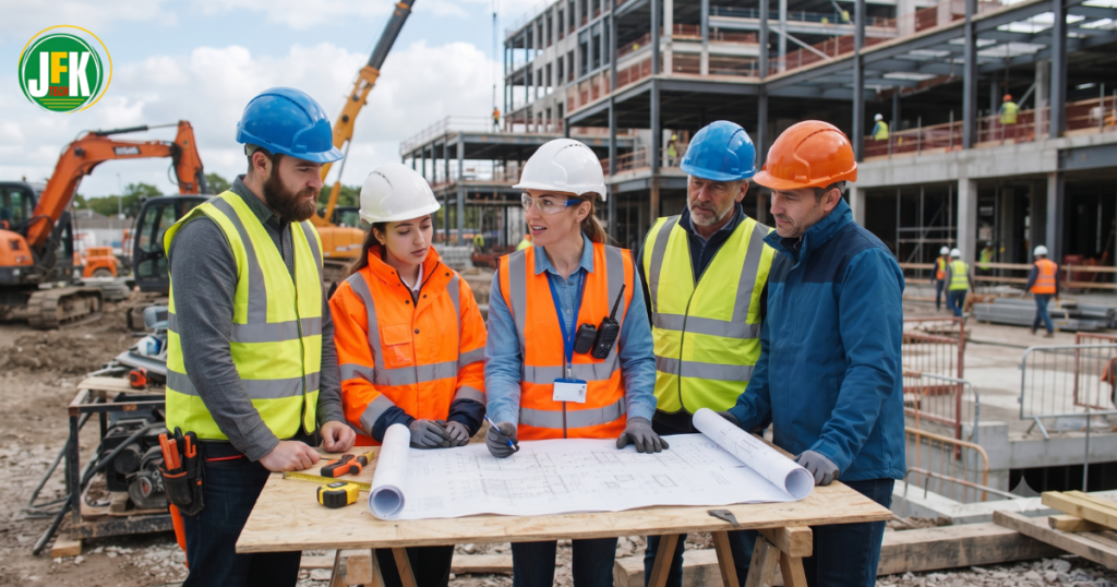 Construction project manager leading a team after achieving NVQ Level 6 qualification