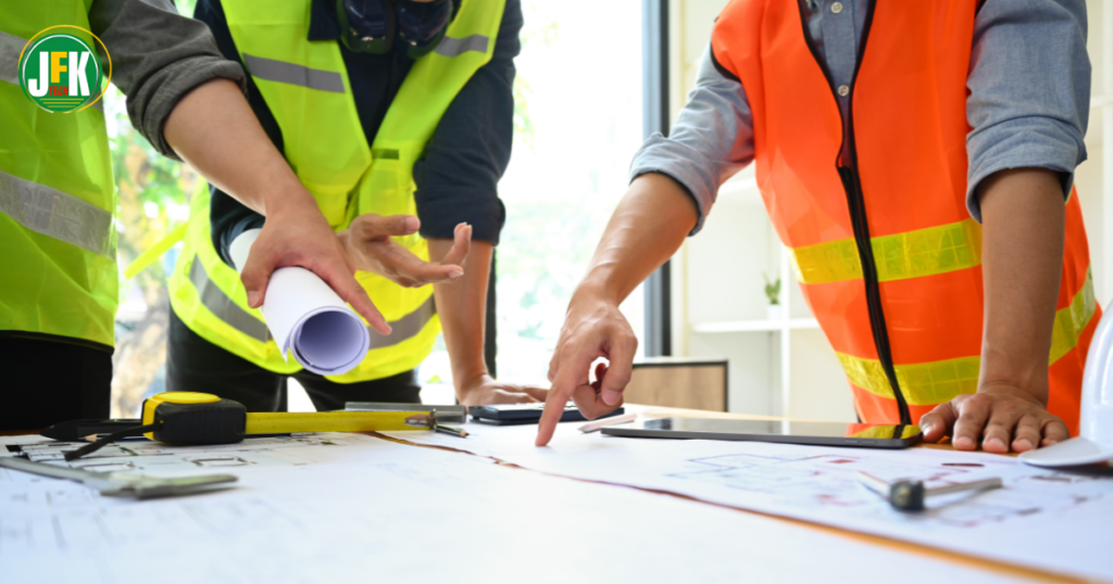 Site manager supervising construction workers after completing SMSTS certification.