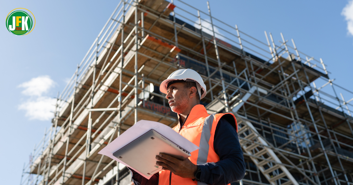 Construction site manager leading health and safety on a UK construction site during SMSTS training.