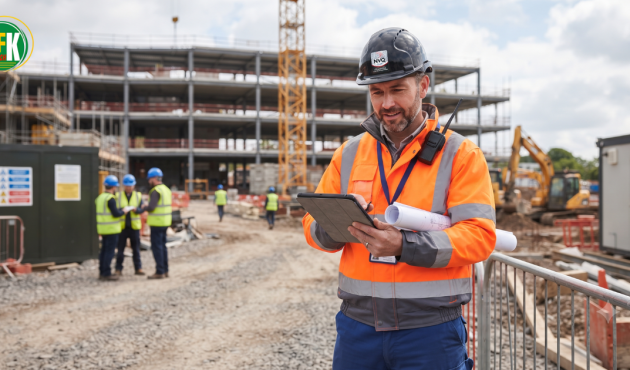 Construction site manager on a UK construction site representing the NVQ Level 6 Black Card qualification