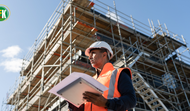 Construction site manager leading health and safety on a UK construction site during SMSTS training.