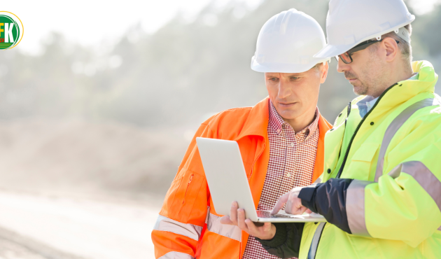 Construction site supervisor overseeing workers during SSSTS training on a UK construction site.